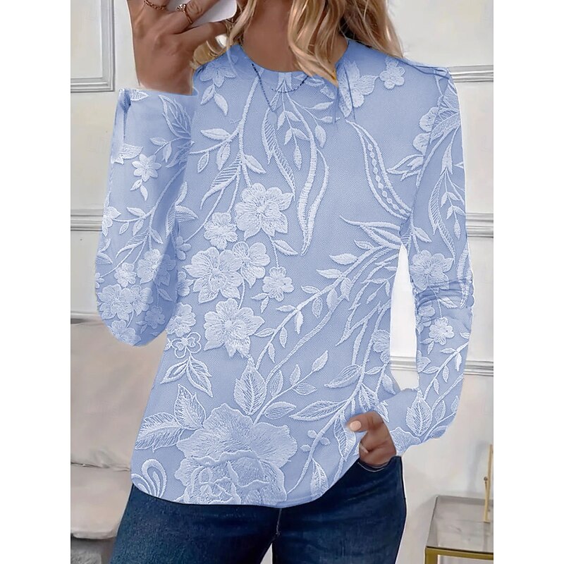 Women's T shirt Crew Neck Long Sleeve Tunic Floral Graphic Plants Elegant Casual  Round Neck Regular Tops Daily Print Pink Blue Purple Beige Spring Fall2