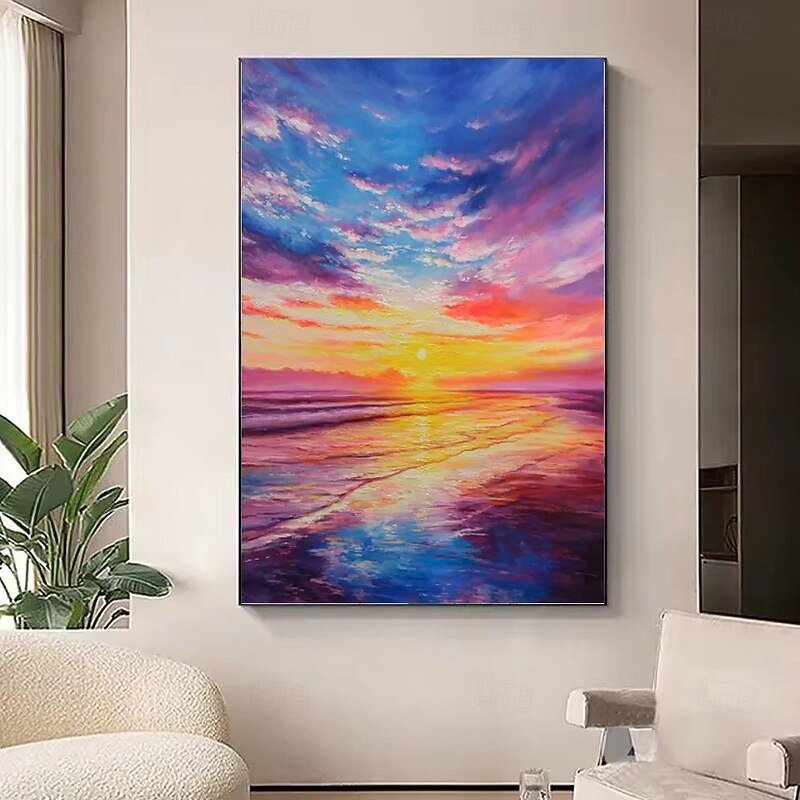 Handmade Oil Painting Canvas Wall Art Decoration Colorful Sunrise Sea Ocean Landscape for Home Decor Stretched Frame Hanging Painting/Rolled Frameless Unstretched Painting3