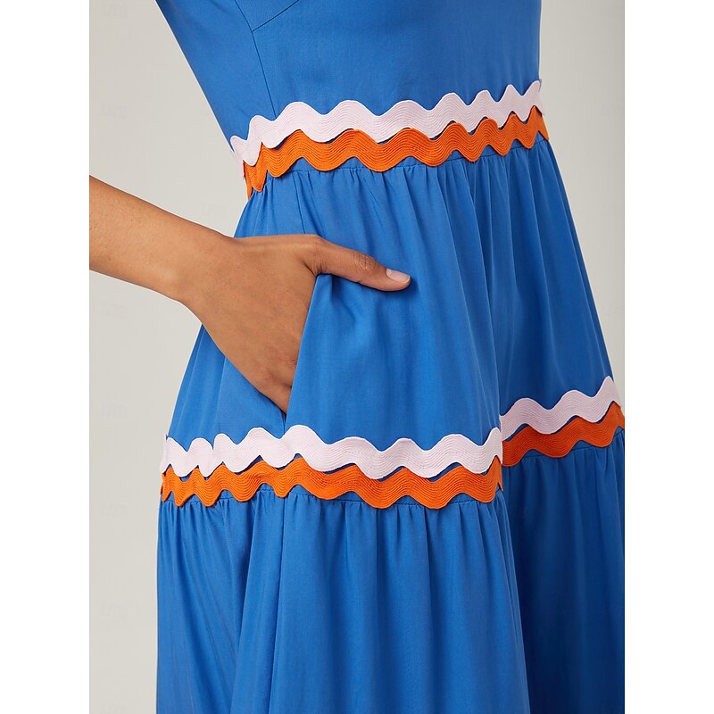 Tencel Layered Ruched Color-Blocked Webbing Dress2