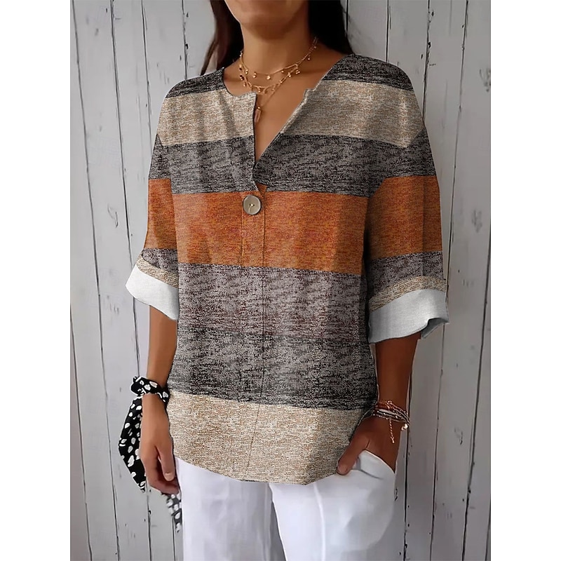 Women's Shirt Long Sleeve  V Neck Graphic Geometric Vintage Tropical Hawaiian 3/4 Length Sleeve Crew Neck Regular Tops Daily Holiday Beach Wear Print Khaki Summer Spring