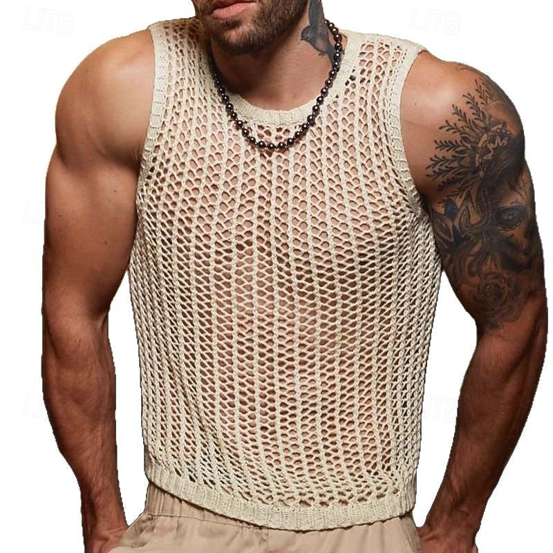 Men's Tank Top Vest Top Undershirt Sleeveless Shirt Sleeveless Crewneck Spring Plain Fashion Designer Hole Vacation Street Going out Beige Top Tee for Men4