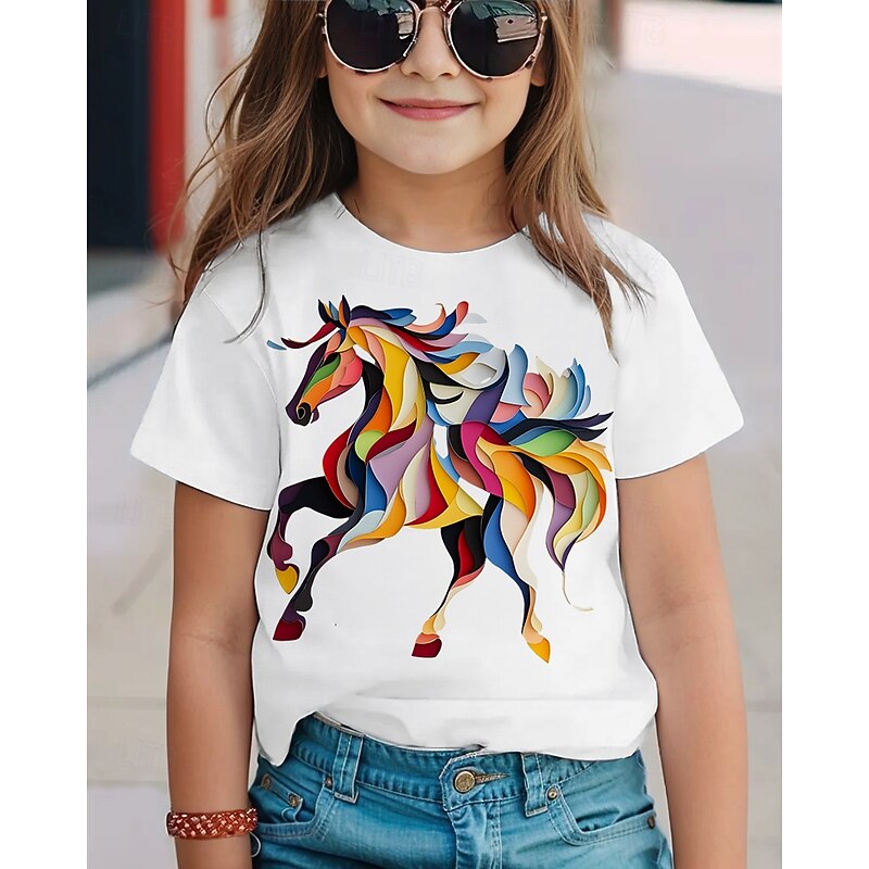 100% Cotton Kids Girls' 1 2 3 Horse T shirt Tee Crew Neck Short Sleeve Outdoor Vacation Daily Classic Casual Print Summer