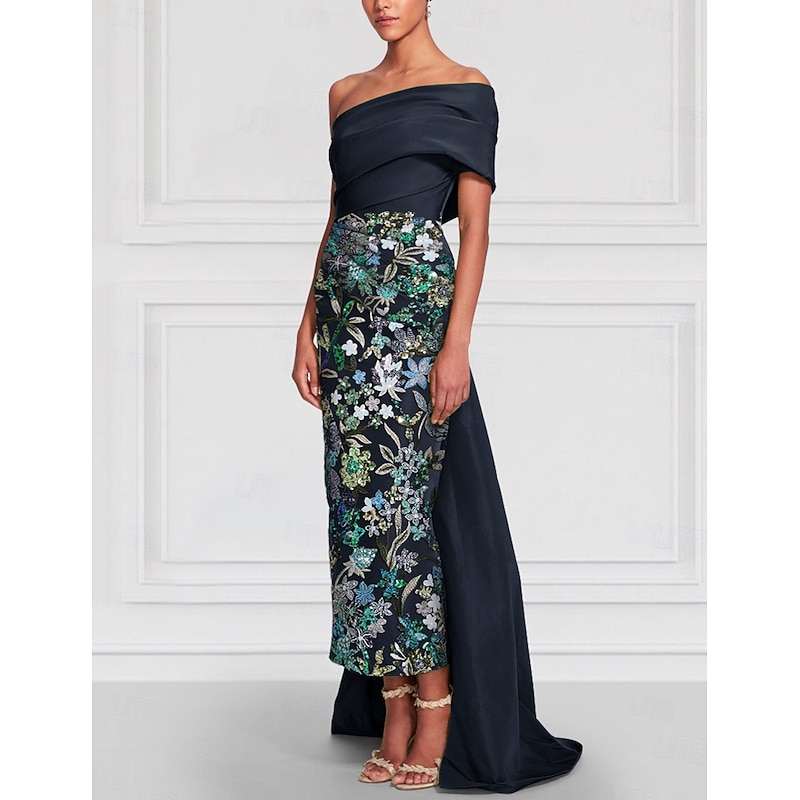 Floral Embroidered Column Evening Gown Elegant Dress Formal Wedding Floor Length Short Sleeve Off Shoulder Satin with Slit