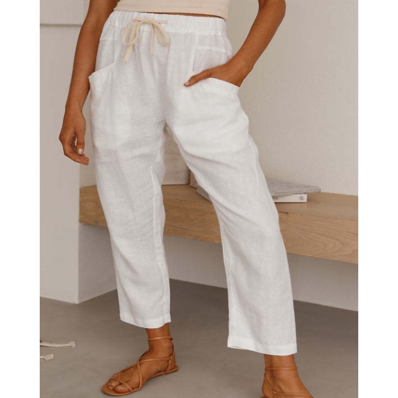 Women's Cotton Linen Pants Slacks Fashion Streetwear Full Length Natural Plain Pocket Elastic Drawstring Design Outdoor Comfortable Vacation Going out Rust Light Sky Blue Grey Black Summer Regular Fit3