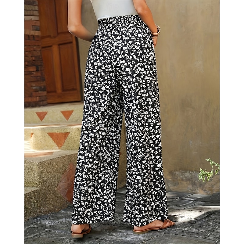 Women's Wide Leg Pants Trousers Vacation Fashion Full Length Mid Waist Flower / Floral Elastic Waist Comfortable Breathable Micro-elastic Street Daily Wear Going out White Yellow Green Summer Regular2