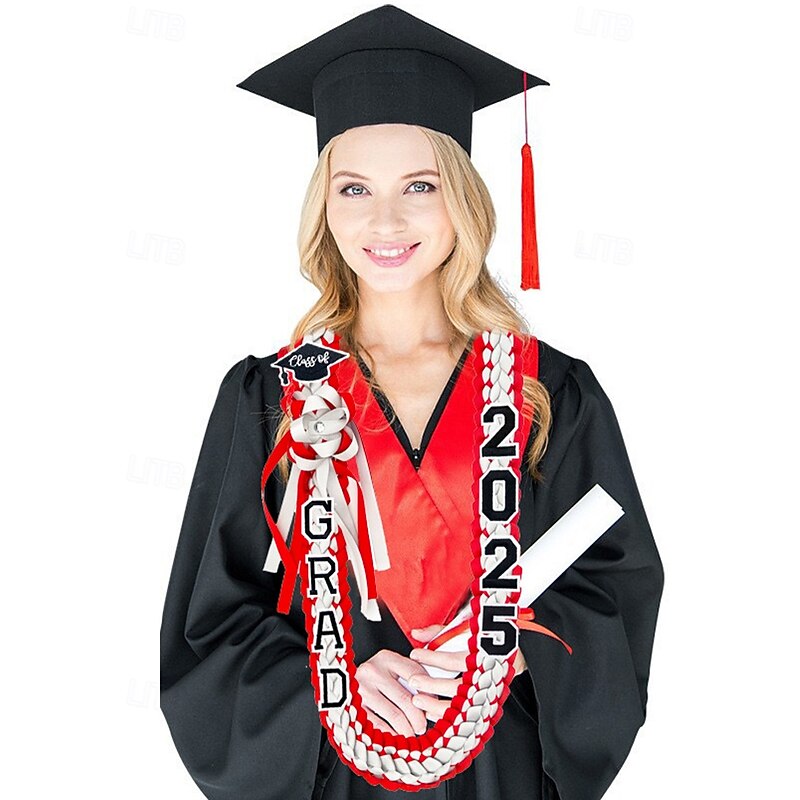 Class of 2025 Graduation Wreath - Braided Ribbon Necklace with GRAD Letters and Hat Charm, Handmade Keepsake Gift for High School and College Graduation Ceremony3