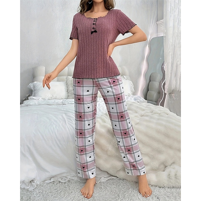 Women's Pajamas Pajama Set Warm Fashion Casual Grid / Plaid Buttons T Shirt Pant Home Daily Bed Short Sleeve Crew Neck Purple Summer Spring Tailored Fit2