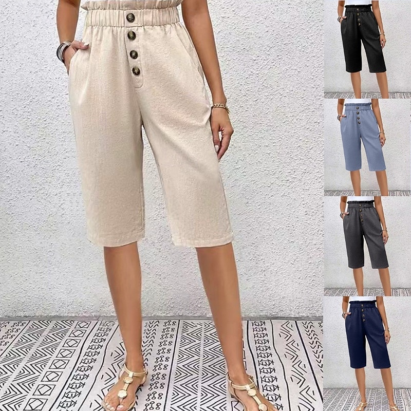 Women's Cotton Linen Pants Slacks Crop Streetwear Casual Knee Length Natural Plain Pocket Elastic Waist Comfy Comfortable Going out Weekend Apricot Light Sky Blue Black Dark Navy Summer Regular Fit
