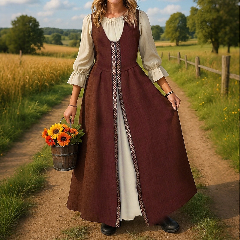 Retro Vintage Medieval Renaissance Maxi Dress Viking Irish Cottagecore Color Block Fancy Dress Girls' Celtic Halloween Carnival Halloween LARP Ren Faire Kid's Dress2