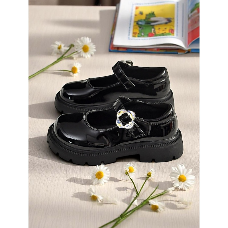 Little Girls' Black Patent Mary Janes with Rhinestone Buckle – Low Heel Dress Shoes for School and Special Occasions