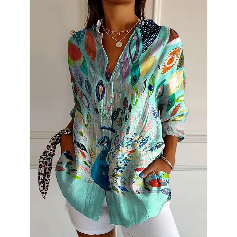 Women's Shirt Button Down Tunic Shirt Collar Long Sleeve Floral Graphic Bird Daily Stylish Casual Regular Tops Work Daily s Print Red Blue Sky Blue Orange Green Spring4