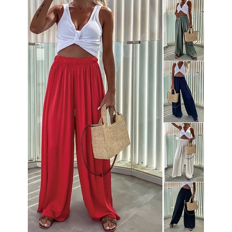Women's Wide Leg Pants Trousers Streetwear Casual Long High Waist Plain Elastic Drawstring Design High Cut Breathability Soft Micro-elastic Vacation Street Daily Wear Black Light Green Red Navy Blue