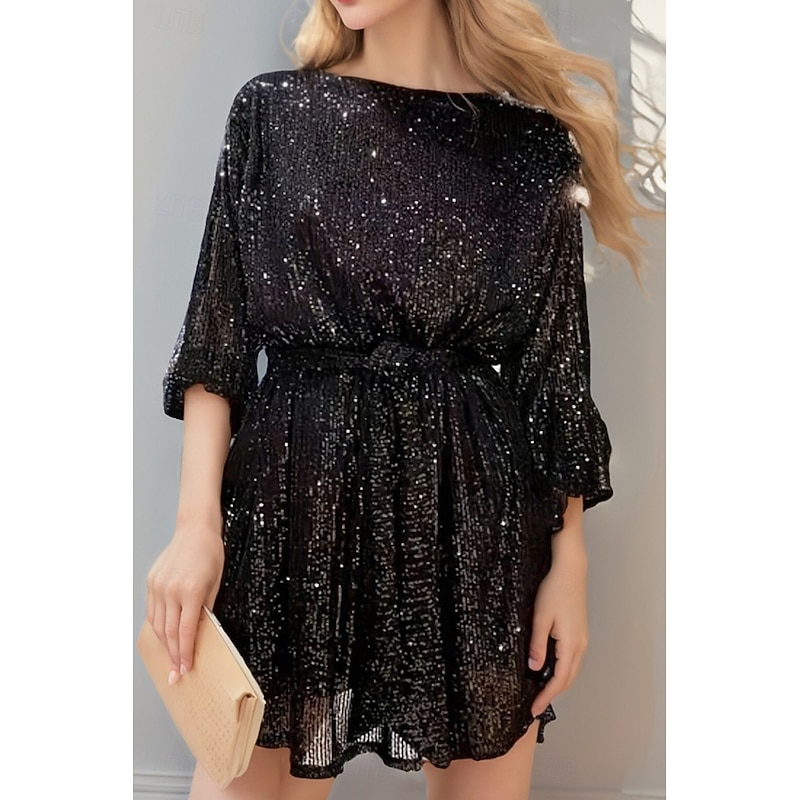Women's Mini Dress Sequin Dress Party Dress Fashion Party Cocktail Party Regular Fit Plain Long Sleeve Crew Neck Black White Champagne Red Summer