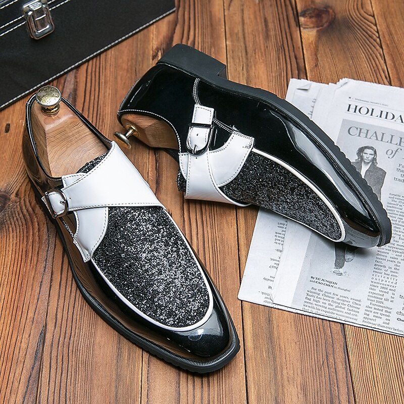 Men's Dress Shoes - Black and White Two-Tone Shoes with Glitter Detailing for Dance Parties and Special Occasions3