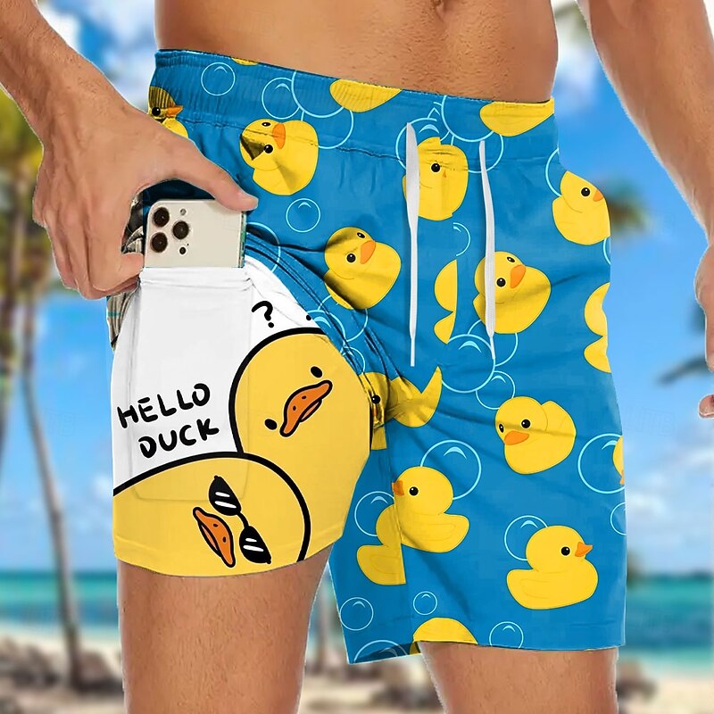 Men's Letter Printed Funny Duck Lined Shorts 2 in 1 Board Shorts Swim Shorts Mid Waist Hawaiian Vacation Holiday Beach Wear Side Pockets With Compression Liner Elastic Drawstring Waist Designer2