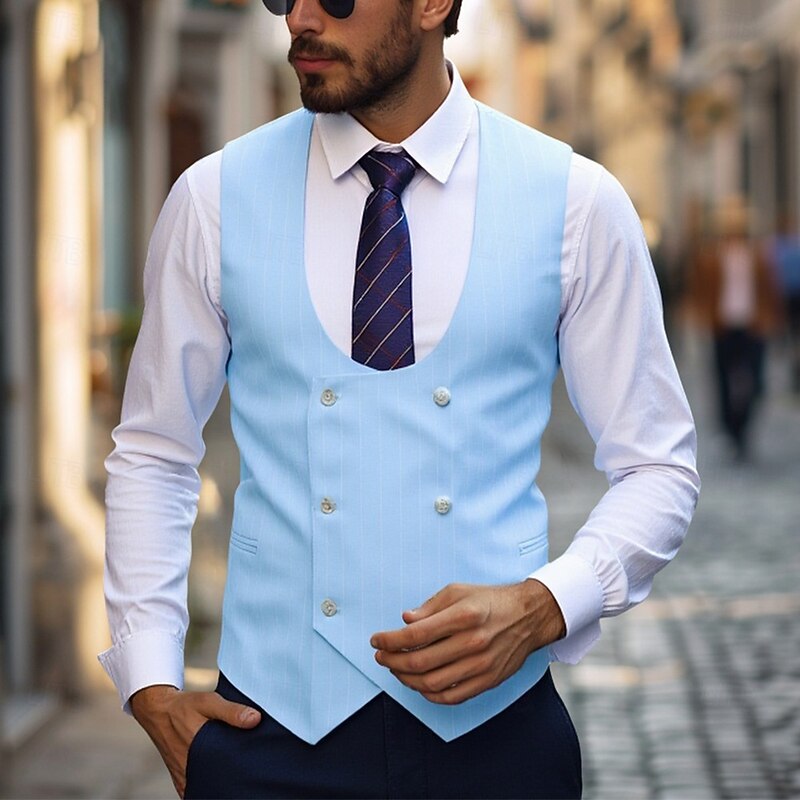 Men's Blazer Business Cocktail Party Wedding Party Fashion Casual Spring & Fall Polyester Stripes Pocket Buttons Comfortable Double Breasted Blazer Black White Sky Blue