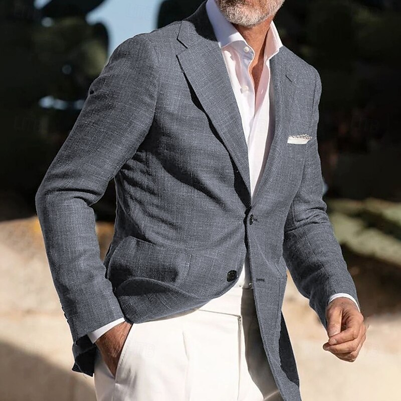 Men's Linen Blazer Sport Coat Notch Collar Fashion Casual Solid Colored Linen Blazer Dusty Blue Army Green Standard Fit Single Breasted Two-buttons3