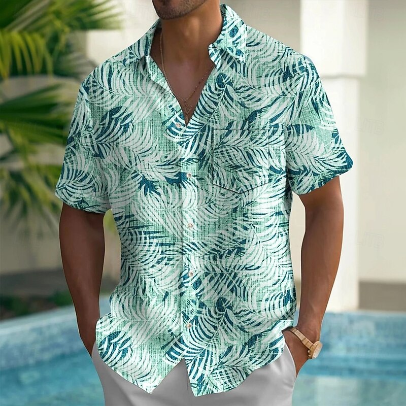 Men's Palm Leaf Tropical Plants Shirt Summer Hawaiian Shirt Button Up Shirt Short Sleeve Hawaiian Vacation Holiday Beach Wear Summer Turndown 3D Print Front One Pocket Linen Like Shirt Green