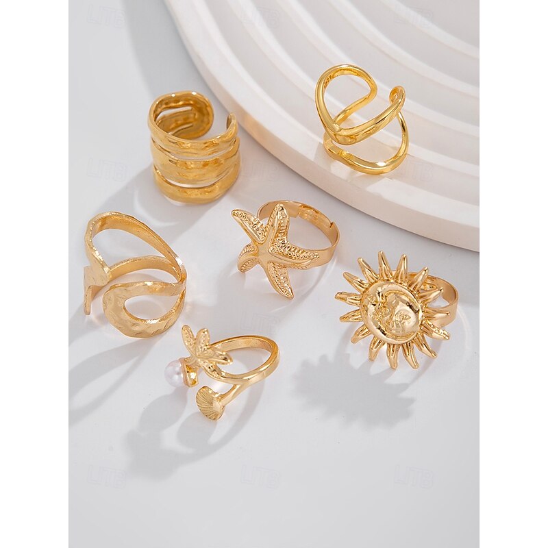 Women's Gold Silver Ocean Style Ring Set - Set of Multi-Piece Bohemian Adjustable Rings with Starfish, Sun, Shell and Pearl Decorations, Perfect for Beach Vacations and Summer Looks4