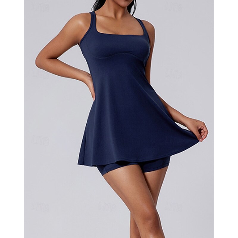 Women's Solid Colored Tennis Dress with Shorts Sports Dress Sleeveless Pleated Breathable Tennis Golf Pickleball Square Neck Dress Cutout Back White Yellow Dark Navy Tennis Clothing2