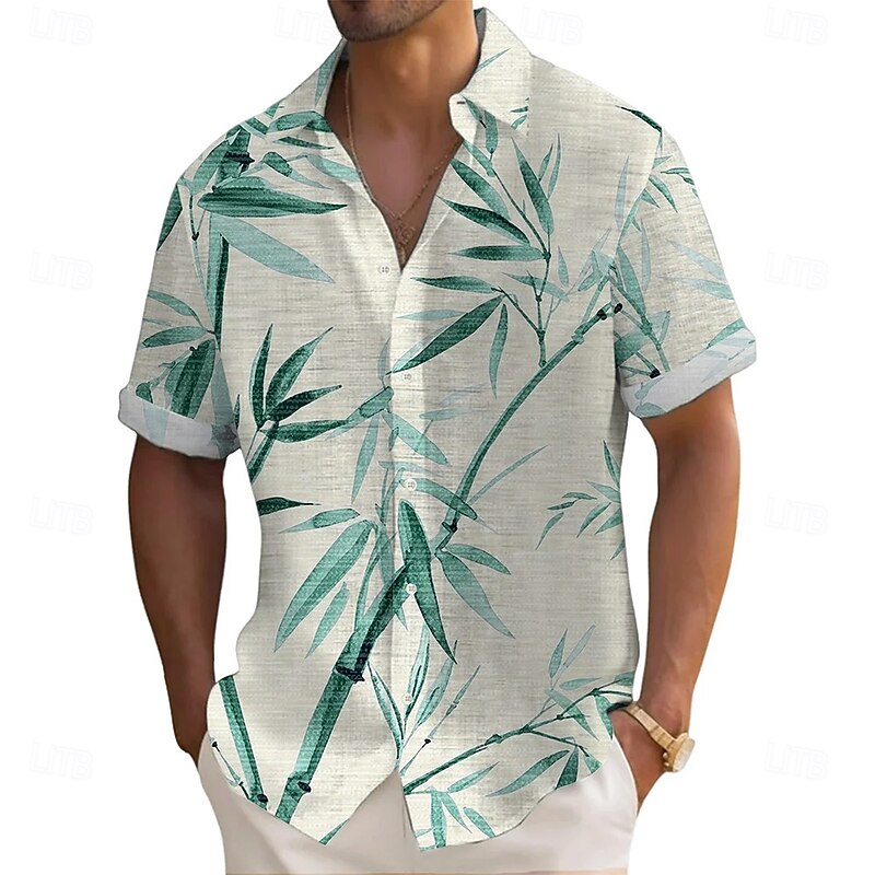 Men's Plants Bamboo Shirt Summer Shirt Button Up Shirt Short Sleeve Fashion Casual Vacation Dailywear Beach Wear Summer Spring Turndown 3D Print Linen Like Shirt Yellow Blue Purple Green Rose Red3