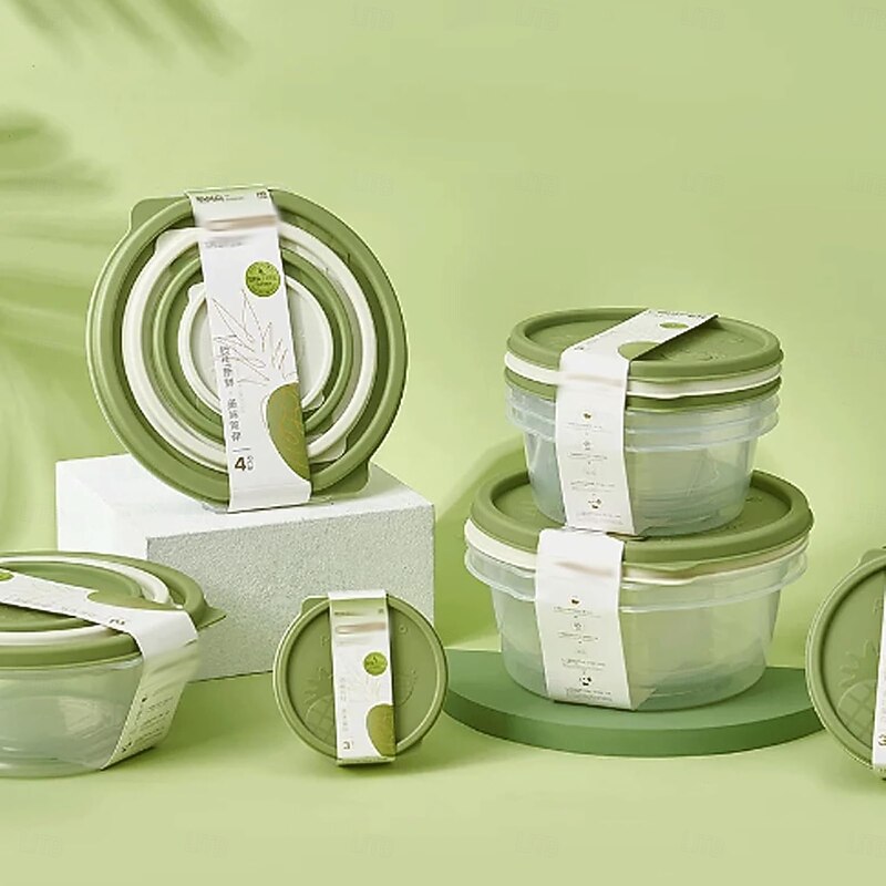 Storage Jars 4 Pcs/Set Plastic Lunch Box Kitchen Seal Box Creative Food Storage Boxes Round Sealing Box for Kitchen Pantry Organization Kitchen Food, Green