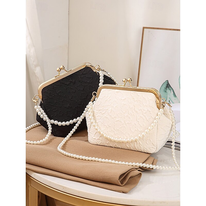 Women's Pearl Handle Vintage Clutch Purse – Elegant Textured Satin Crossbody Handbag for Weddings, Evening Parties and Formal Events