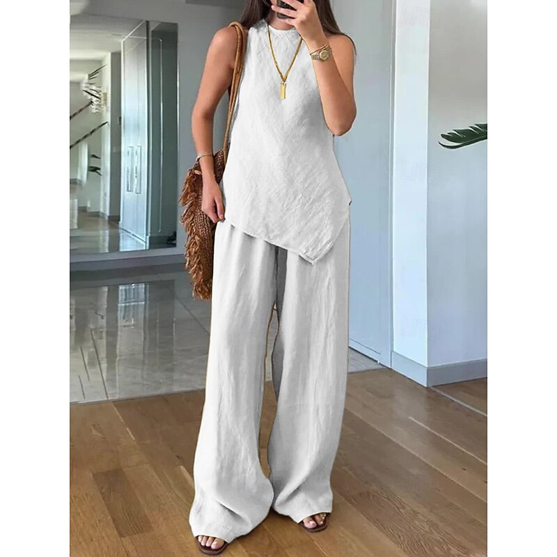 Women Distressed Linen-Inspired Sets Two Piece Sets Bolero Top Sleeveless Crew Neck Solid Color Black White Yellow Summer Loose Fit
