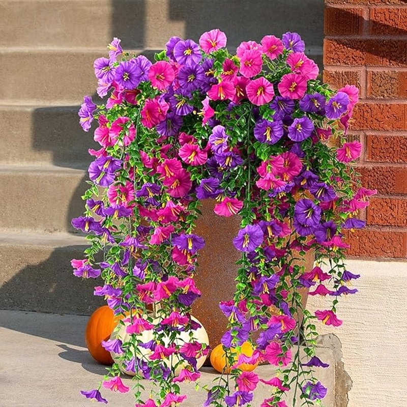5pcs Artificial Hanging Morning Glory Flowers for Outdoors UV Resistant Faux Petunias Realistic Fake Silk Long Vines Morning Glory Eucalyptus for Outside Indoor Planter Porch Patio Home Decor Mix3