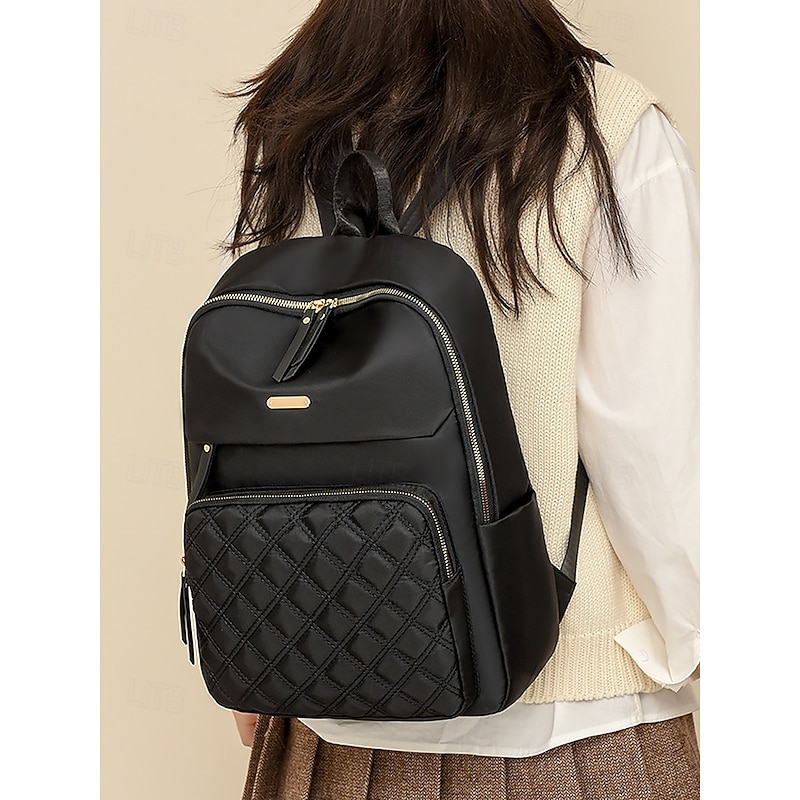 Women's Quilted Nylon Backpack - Stylish Beige Fashion Backpack with Gold Zippers, Multi-compartment Design, Perfect for Daily Use, School or Travel - Main Image