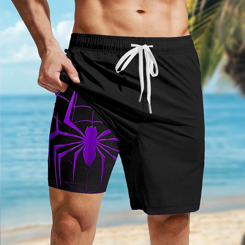 Men's Spider Gothic Halloween Costumes Lined Shorts 2 in 1 Board Shorts Swim Shorts Mid Waist Hawaiian Retro Vintage Holiday Streetwear Side Pockets With Compression Liner Elastic Drawstring Waist4