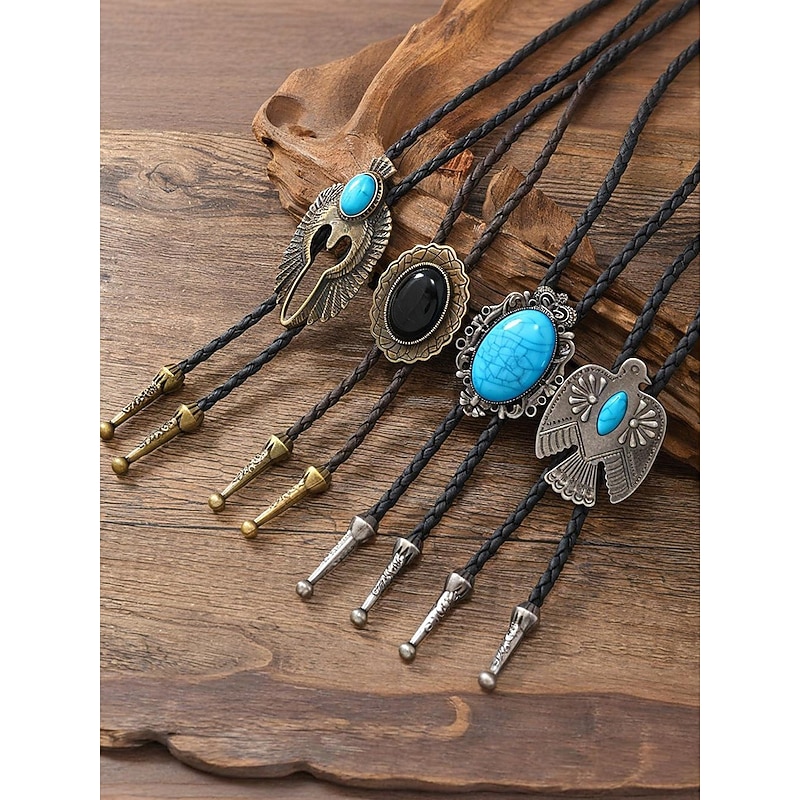 Men's Western Cowboy Bolo Tie with Turquoise Inlay, Vintage Design - Adjustable Leather Cord, Cowboy Fashion Accessory for Casual and Formal Occasions