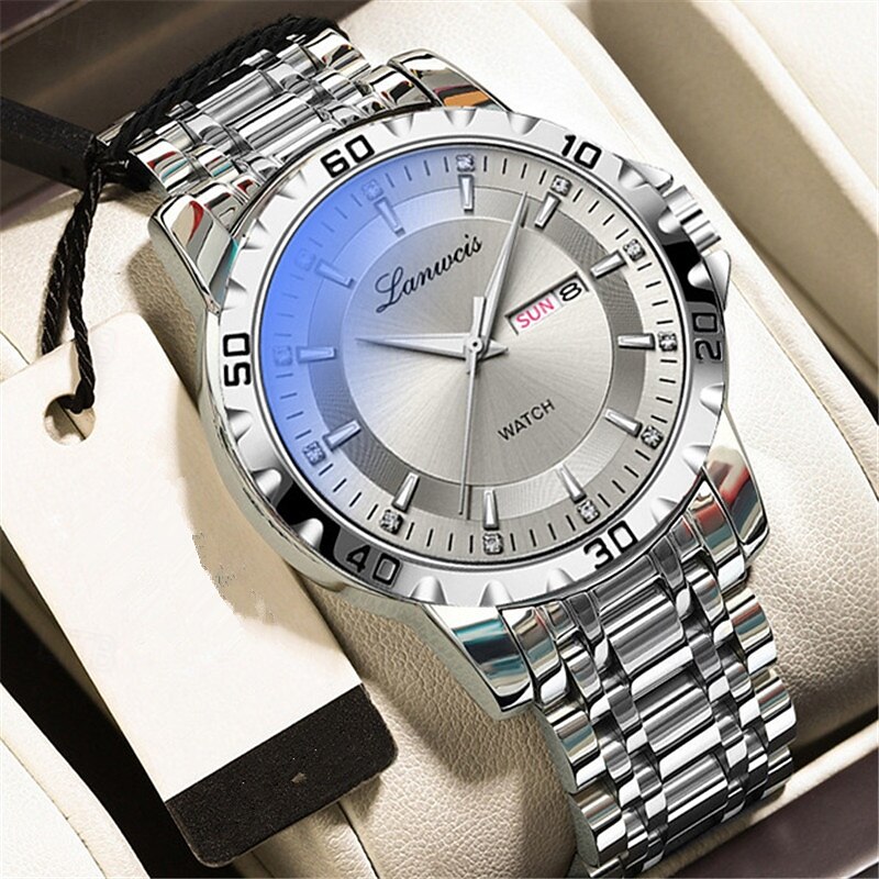 Fashionable Men's Quartz Watch with Simple Round Dial Dual Calendar Luminous Waterproof Steel Strip Watch Preferred Gift for Business Watches