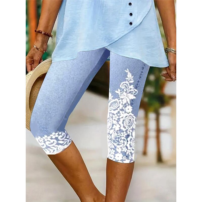 Women's Leggings Capri Pants High Elasticity Vacation Vintage Fashion Calf-Length Mid Waist Floral Graphic Printing Breathable Soft  Vacation Casual Daily Robin's Egg Blue Light Blue Summer Spring4