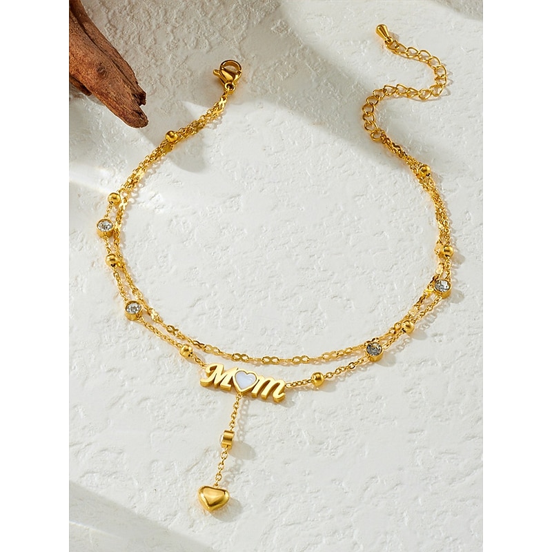 Women's Gold-Tone 'MOM' Heart Charm Anklet – Double-Layer Crystal Chain Design for Mothers, Elegant Beach Jewelry, Perfect Mother's Day Gift4