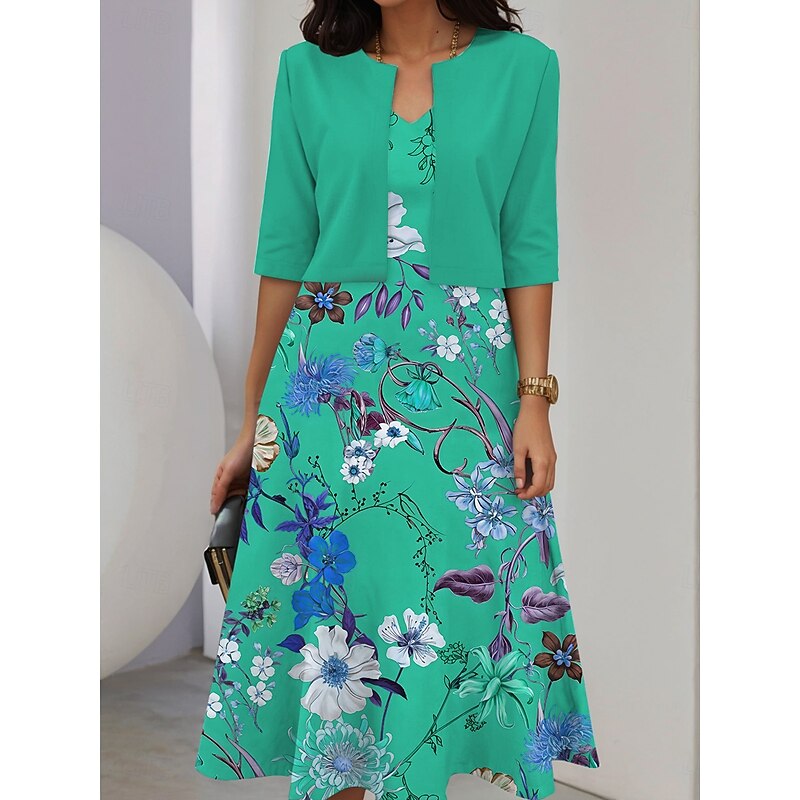 Women's Two Piece Dress Sets Midi Dress with Jacket Elegant A Line Dress Half Sleeve Party Cocktail Floral Print V Neck Wedding Guest Daily Red Blue Purple Regular Fit3