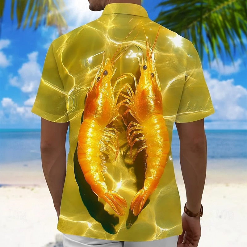 Men's Shrimp Water Ripple Shirt Summer Hawaiian Shirt Button Up Shirt Short Sleeve Hawaiian Vacation Holiday Beach Wear Summer Spring Turndown 3D Print Collared Shirts Front One Pocket Yellow2