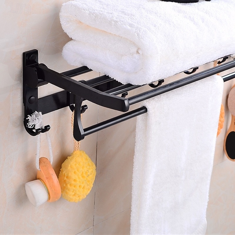 Aluminum Alloy Towel Holder Storage Organizer Shelf Wall Mounted Folding Towel Rack Bathroom Accessories, Black2