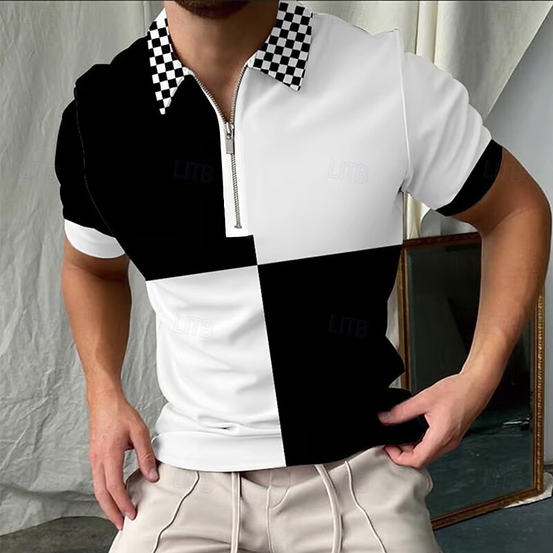 Men's Color Block Zip Polo Short Sleeve Turndown Casual Daily Outdoor Athleisure Zipper Summer Black-White