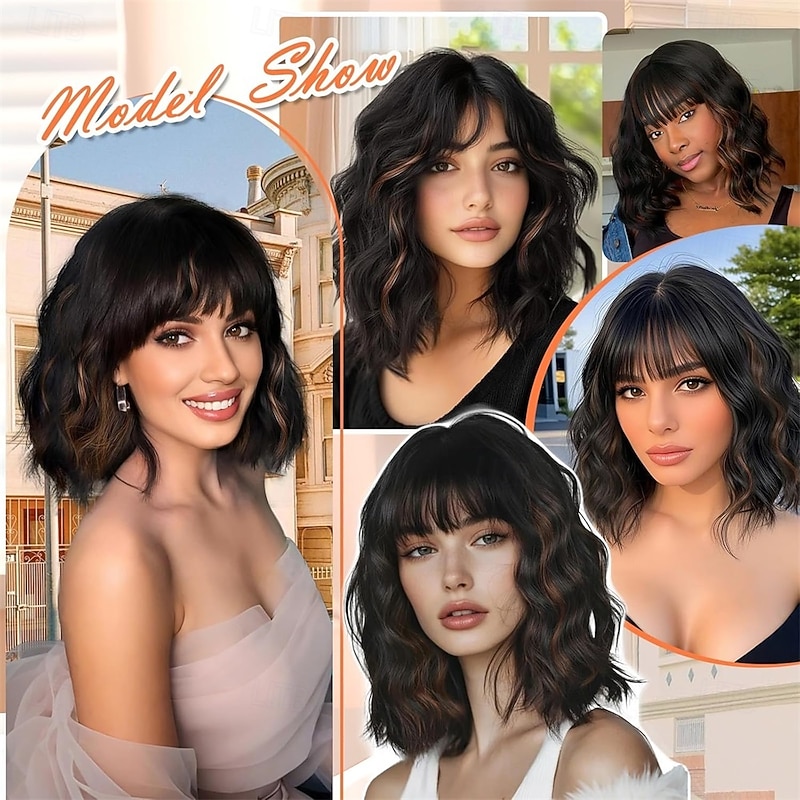 Bob Wavy Wigs With Bangs Black Mixed Brown Wigs for Women Short Curly Wavy Wigs with Highlights Natural Looking Shoulder Length Womens Wig for Daily Party Use4