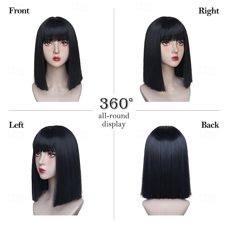 Black Bob Wig with Bangs Short Black Straight Wig for Women Natural Looking Heat Resistant Synthetic Wig for Grils Daily Party Halloween Cosplay Use 13inch3