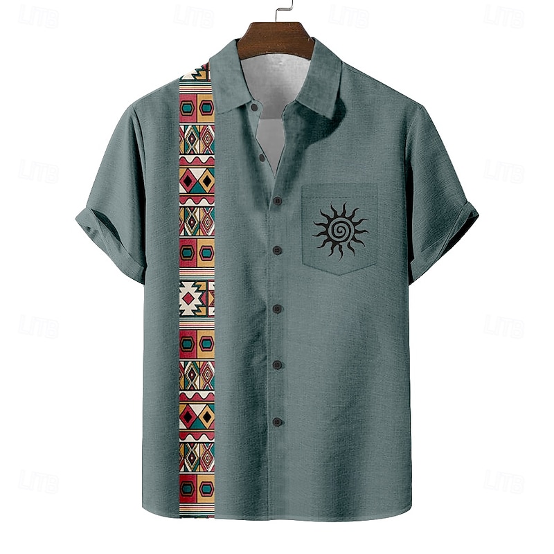 Men's Sun Aztec Ethnic Shirt Summer Shirt Button Up Shirt Short Sleeve Vintage Retro Holiday Casual Daily Summer Turndown 3D Print Front One Pocket Linen Like Shirt Blue Green Khaki Apricot3