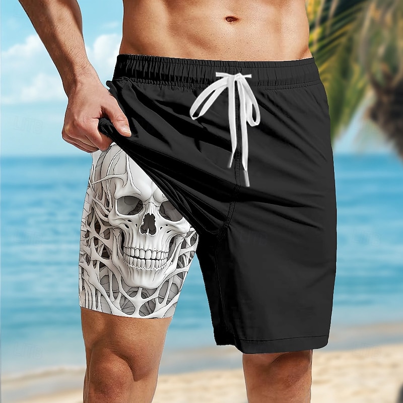 Men's Skull Lined Shorts 2 in 1 Board Shorts Swim Shorts Mid Waist Hawaiian Casual Vacation Holiday Beach Wear Side Pockets Color Block With Compression Liner Designer Clothing Apparel