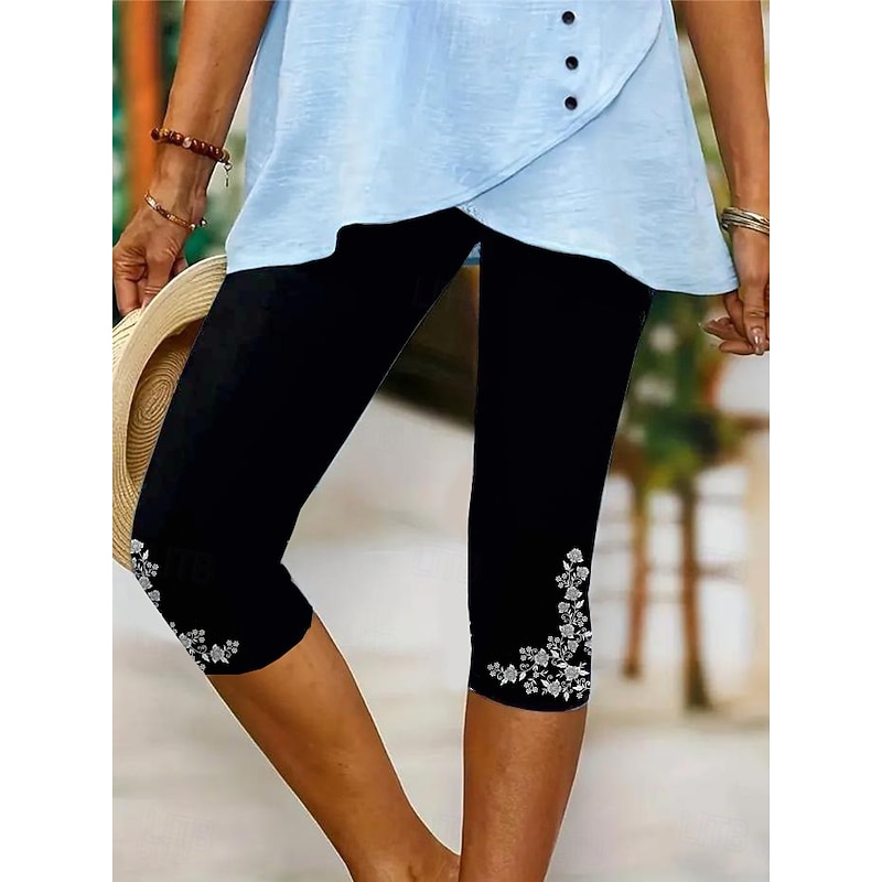 Women's Leggings Capri Pants High Elasticity Vacation Vintage Fashion Calf-Length Mid Waist Floral Graphic Printing Breathable Soft  Vacation Casual Daily Robin's Egg Blue Black Deep Blue Light Blue4