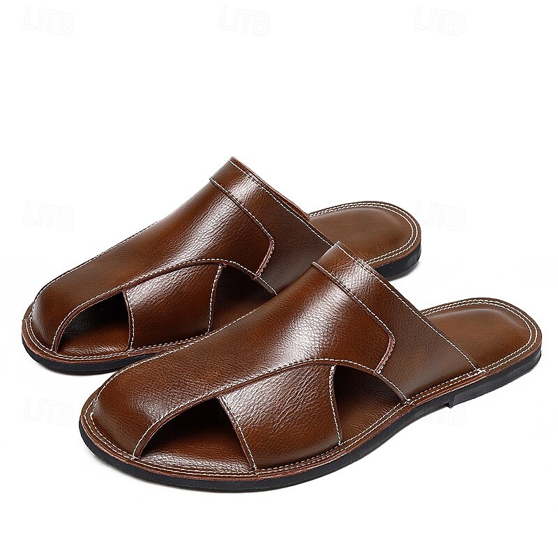 Men's Brown Faux Leather Slide Sandals – Premium Quality with Cross-Strap Design, Perfect for Summer Vacations, Casual Outings  and Relaxed Comfort4