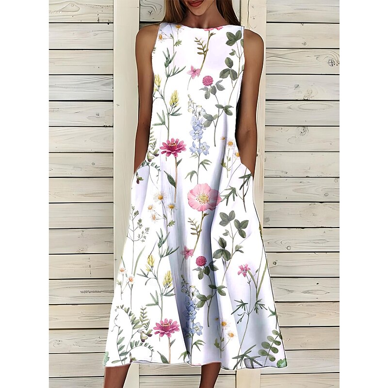 Women's Midi Dress Sundress A Line Dress Summer Dress Elegant Vacation Casual Regular Fit Floral Graphic Sleeveless Crew Neck Light Pink White Pink Blue Summer2