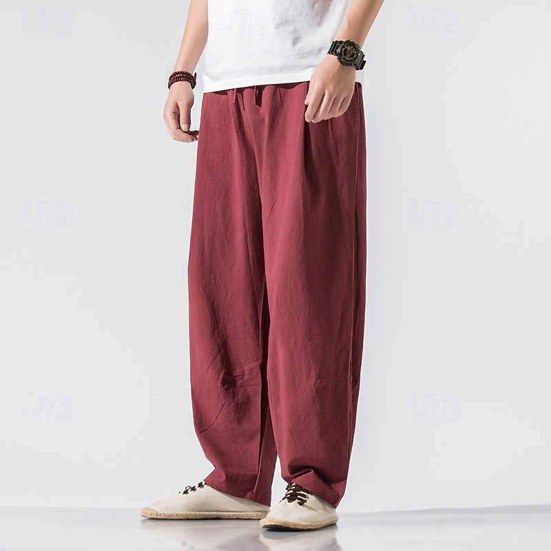 Men's Linen Pants Trousers Summer Pants Beach Pants Pocket Drawstring Elastic Waist Plain Comfort Breathable Vacation Daily Holiday Hawaiian Boho Black Wine4