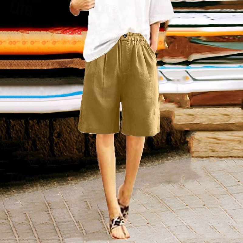 Women's Shorts Slacks Casual Knee Length Natural Plain Pocket Elastic Waist Comfy Outdoor Daily Wear Going out Peacock Blue Apricot Light Brown Light Sky Blue Summer Regular Fit3