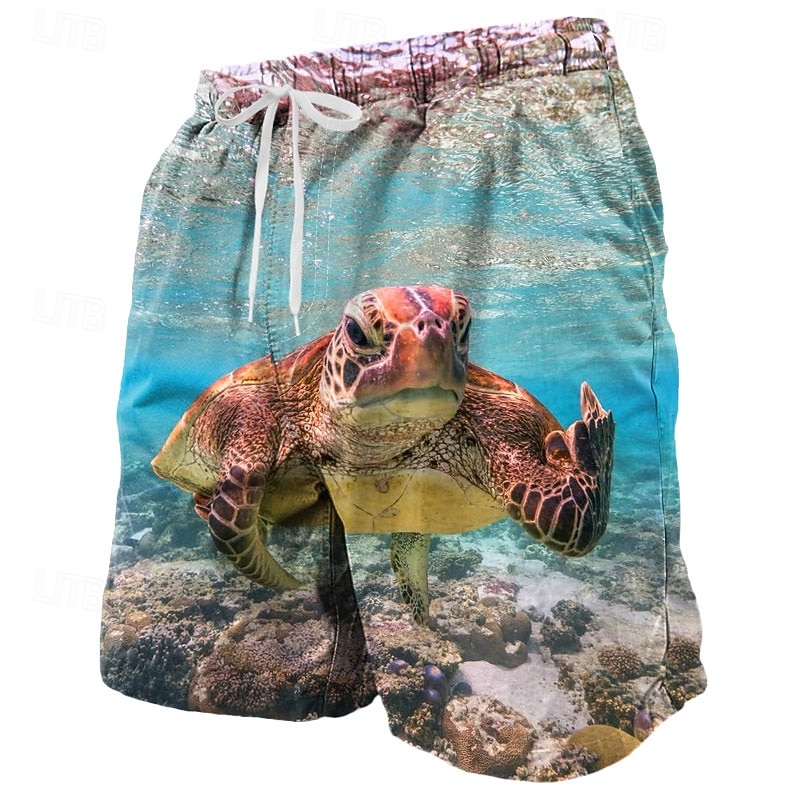 Men's Funny Middle Finger Sea Turtle Swim Trunks Swim Shorts Board Shorts Mid Waist Streetwear Hawaiian Beach Vacation Wear Side Pockets Mesh Lining Elastic Drawstring Waist Designer Clothing Apparel