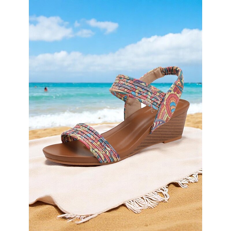 Women's Boho Wedge Sandals – Elastic Slingback Open Toe Shoes with Textured Fabric Straps, Casual Summer Heels for Daily Wear and Beach Vacations